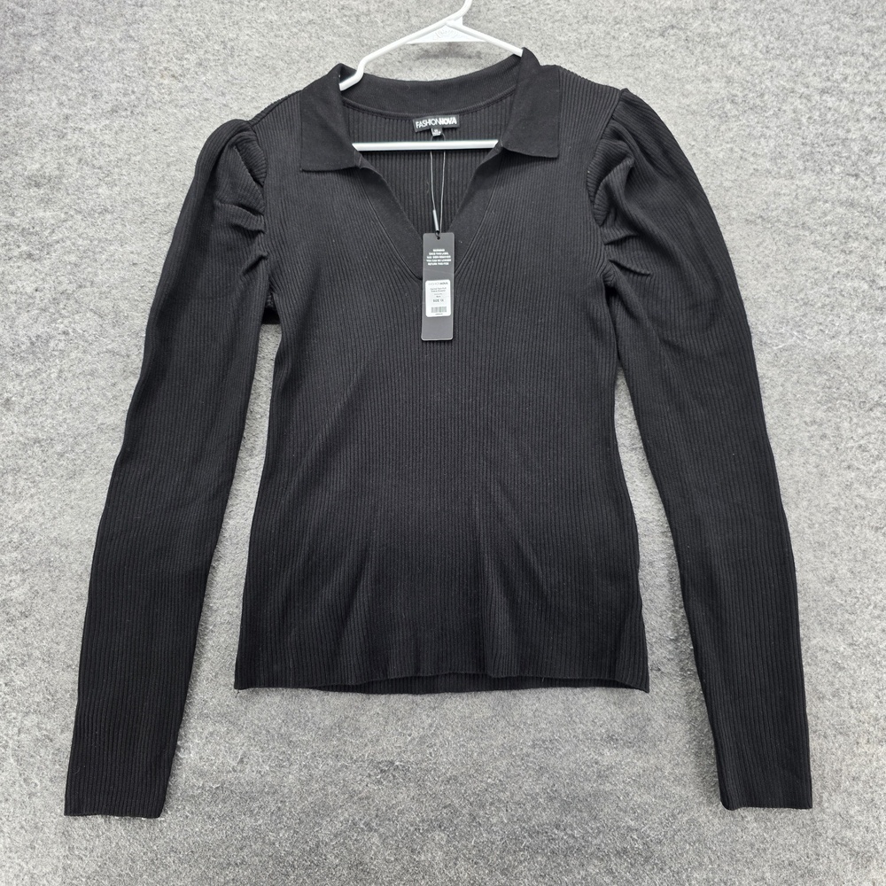 Fashion Nova Sweater Womens 1X Black Central Park Puff Sleeve Collared Knit Top